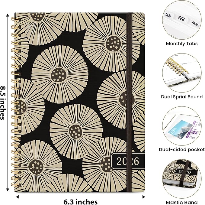 2026 Planner, Weekly and Monthly Planner for Women, January 2026 - December 2026, Hardcover 2026 Calendar Planner Book with Tabs, Inner Pocket, Spiral Bound, Perfect for Office Home School Supplies - A5 (6.3" x 8.5"), Petal Art