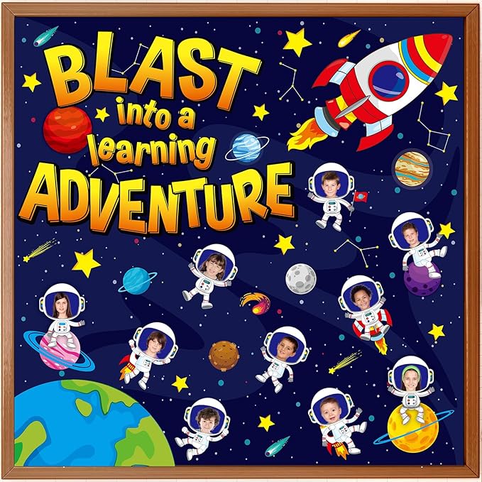 Outer Space Bulletin Board Classroom Decorations Set Galaxy Planet Spacecraft Astronaut Paper Cutout for Posting Photo Blast Into a Learning Adventure Teacher Back to School Wall Door Chalkboard Decor