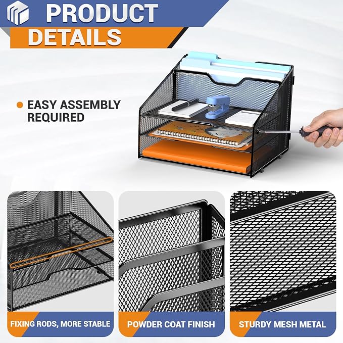 GAWERK Letter Tray Organizer, Mesh Desk File Organizer with 3 Paper Trays and 2 Vertical Upright Section (Gold)