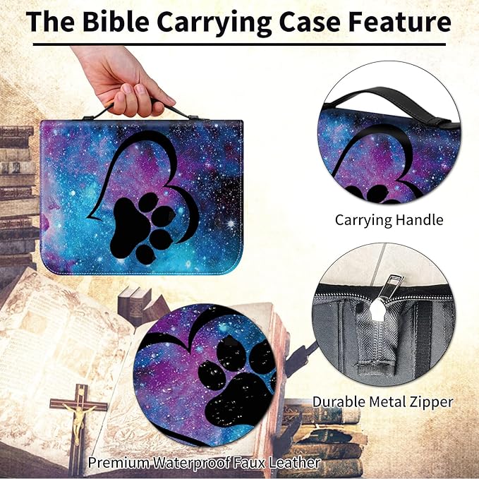 Bible Cover for Men,Large Leather Bible Case Fit Book Up to 11x8x2 Inch,Galaxy Dog Pawprint Love Bible Covers Bible Study Carrier Church Bags w/Handle & Zipper