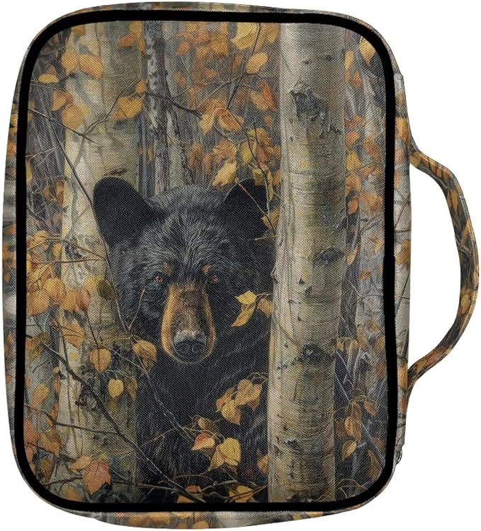Suobstales Bear Hunting Camo Print Bible Covers for Women Men Lightweight Bible Accessories with Handle and Zippered Pocket Bible Tote Bag for Kids