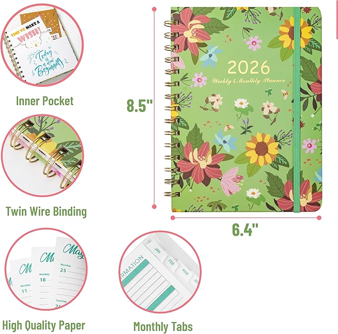 2026 Planner, Weekly and Monthly Calendar Planner for Women, Jan 2026 - Dec 2026, Hardcover Planning Agenda book, Spiral Bound, Inner Pocket, 6.3" x 8.5"