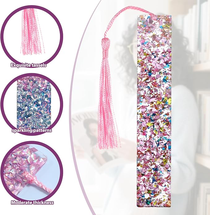 2 Pcs Tassel Bookmarks Girls Resin Glitter Bookmarks for Women Pink Purple Glitter Acrylic Bookmark with Colorful Silk Tassels for Women Girls Book Lovers Reading Presents