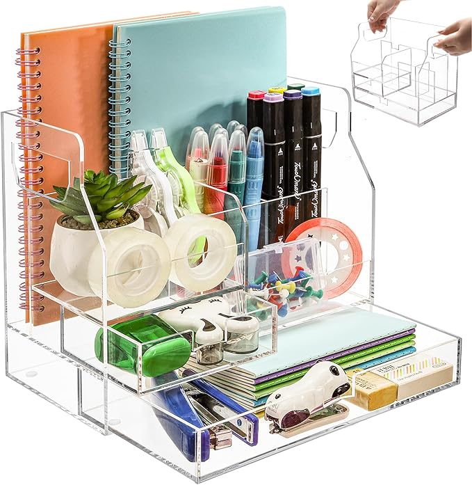 Cididu Acrylic Desk Organizer, Clear Desktop Storage with 2 Drawers for Office Supplies, Pen Holder, Stationery Caddy, Makeup Brushes, 7 Compartments Aesthetic Transparent Organizer for Home School