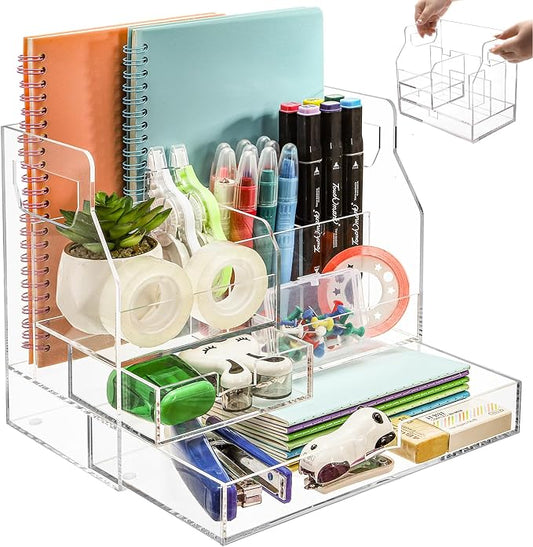 Cididu Acrylic Desk Organizer with 7 Compartments, Clear Desktop Storage with 2 Drawers for Office Supplies, Pen Holder, Stationery Caddy, Makeup Brushes, Transparent Organizer for Home School