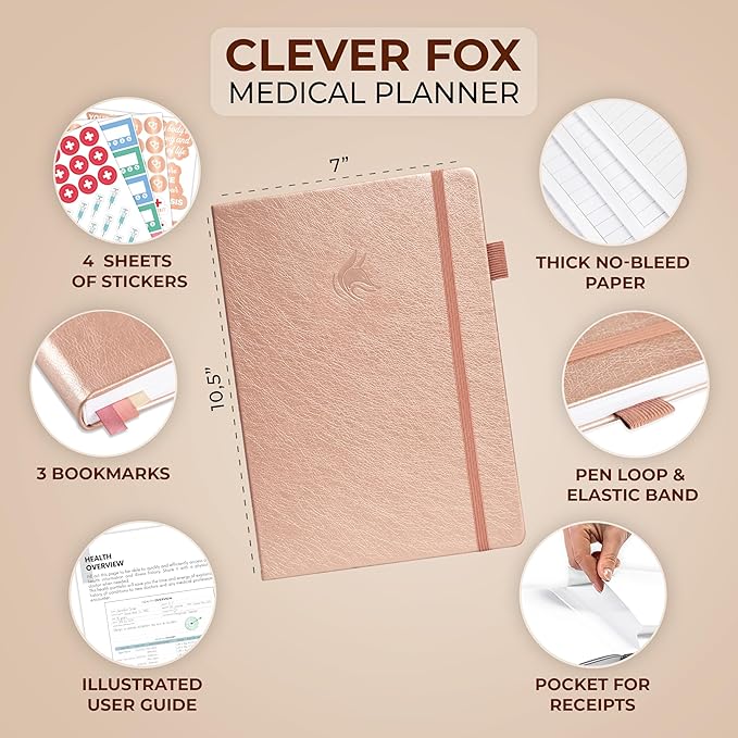 Clever Fox Large Medical Planner 12-Month – Medical Notebook, Health Diary, Wellness Journal to Track Health – 12 Months, 7x10.5″ (Rose Gold)