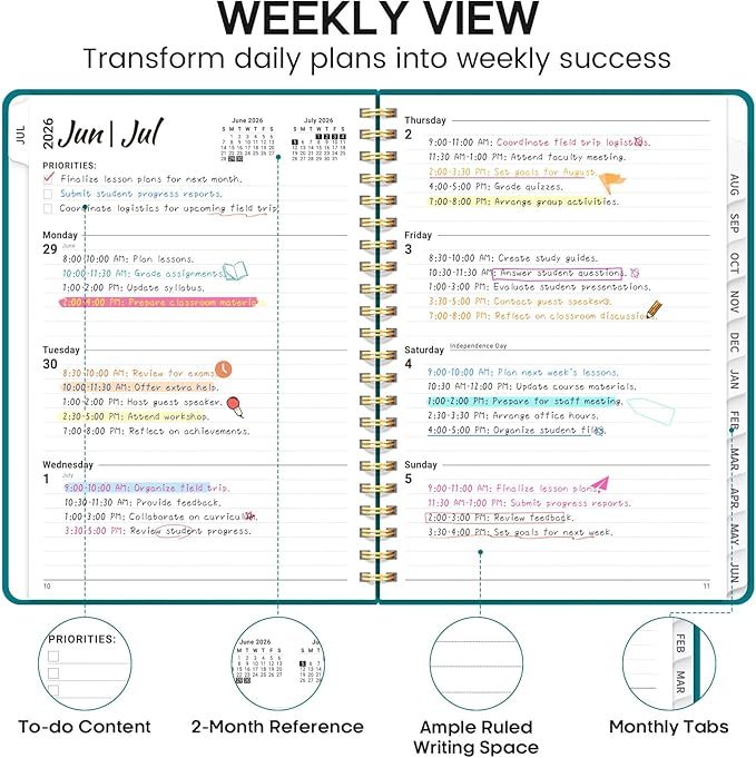 Academic Planner 2026-2027, Weekly and Monthly Calendar Planner Book, July 2026 – June 2027, Hardcover Organizer with Tabs, Perfect for Teachers, Students, Women & Men, A5 (6.4" x 8.5") - Turquoise