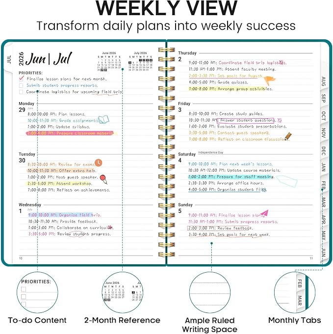 Academic Planner 2026-2027, Weekly and Monthly Calendar Planner Book, July 2026 – June 2027, Hardcover Organizer with Tabs, Perfect for Teachers, Students, Women & Men, A5 (6.4" x 8.5") - Turquoise