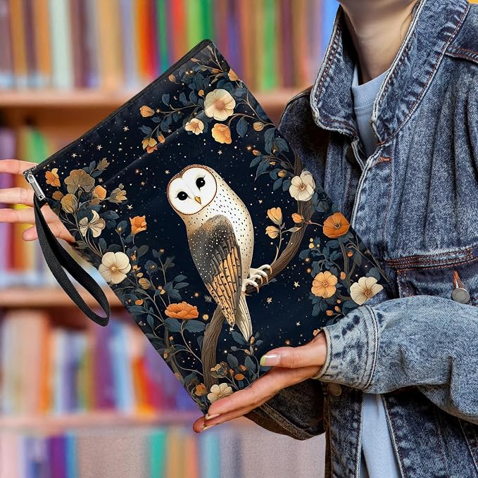 Vintage Floral Owl Book Cover, Waterproof Book Sleeve with Zippered Front Pocket Retro Flowers Book Pouch for Book Lovers, Christmas, Birthday, Graduation Gifts (Owl, Large)