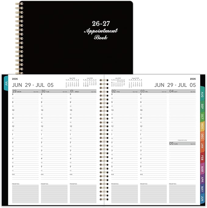 2026-2027 Appointment Book - 2026-2027 Planner, July 2026 - June 2027, 9" x 11", Daily Hourly Planner, Half Hour (30 Mins) Interval, Colorful Monthly Tabs, Lay-Flat, Inner Pocket