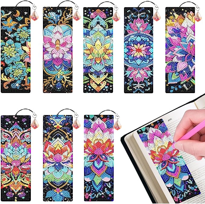 Diamond Art Bookmarks for Adults - 8 Pcs Mandala 5D Diamond Painting Bookmark Kits with Pendants and Making Accessories DIY Arts Craft Bookmarks for Book Lovers Beginner