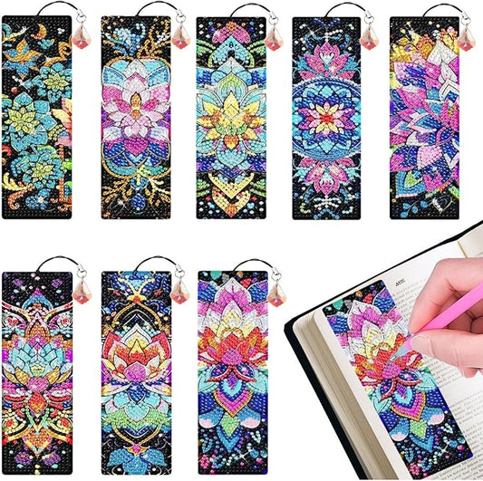 Diamond Art Bookmarks for Adults - 8 Pcs Mandala 5D Diamond Painting Bookmark Kits with Pendants and Making Accessories DIY Arts Craft Bookmarks for Book Lovers Beginner