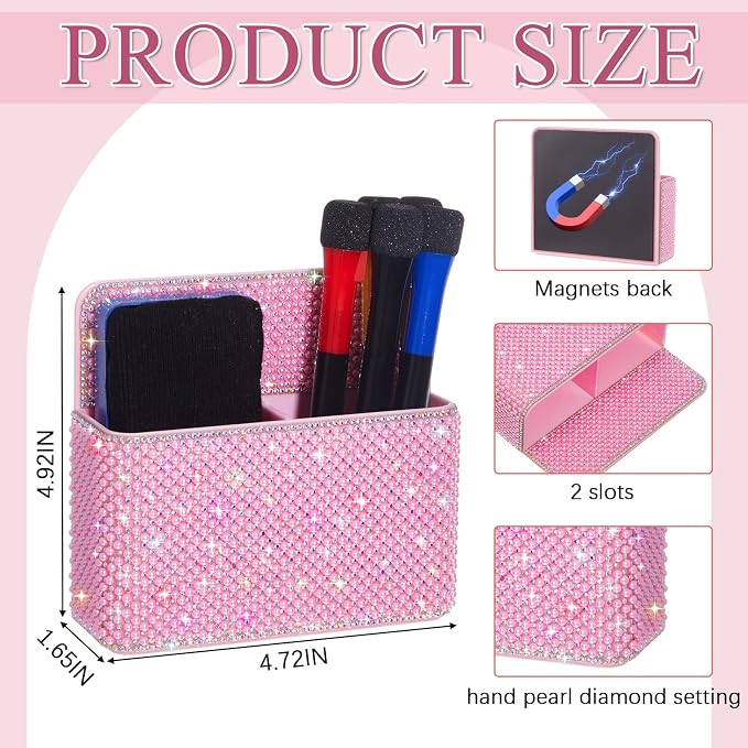 MotiMind Pink Locker Accessories for Girls, Bling Magnetic Pen Holder for Refrigerator, Back to School Rhinestone Marker Holder for Locker, Sparkly Gift for Student (Medium,Pearl)