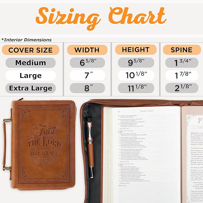Christian Art Gifts Classic Vegan Leather Bible Cover for Men & Women: Trust in the Lord Inspirational Bible Verse, Sturdy Easy Carry Book Case, Pen Loops, Pockets, Accessory Storage, Brown, XL