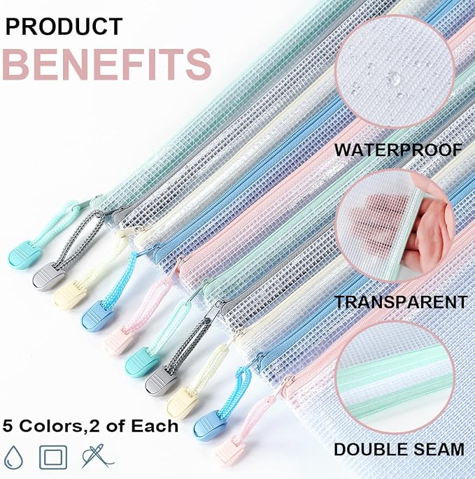 10 Pack Mesh Zipper Pouch Bags, A4 Plastic Zipper Bags,Waterproof File Pouches for Office Supplies, Travel, Storage, Puzzles & Board Games