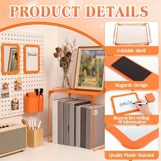 Colarr 16 Pcs Orange Locker Accessories for Girls Includes Magnetic Whiteboard & Mirror Locker Shelf Pen Holder 2 Dry Erase Marker & Eraser 9 Flowers for Back to School Essentials Decoration