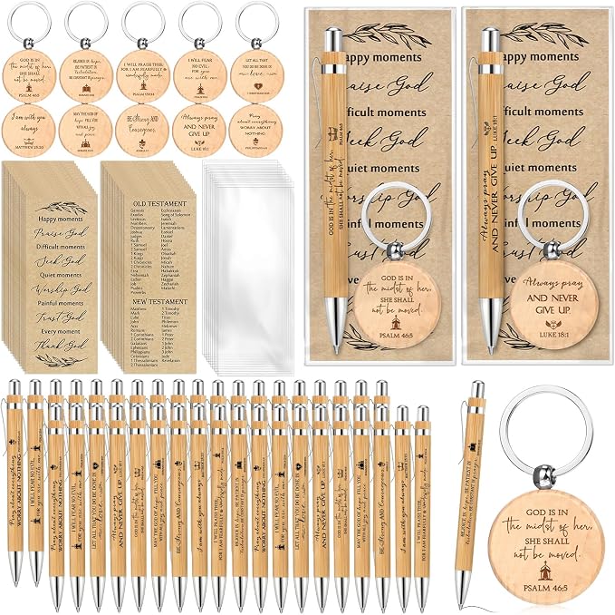 Lincia 60 Sets Christian Father's Day Birthday Gifts Bulk, Bible Verse Bookmarks Keychains with Bamboo Pens Religious Church Gifts Bulk for Men Ministry Bible Study Pastor Appreciation Church Events