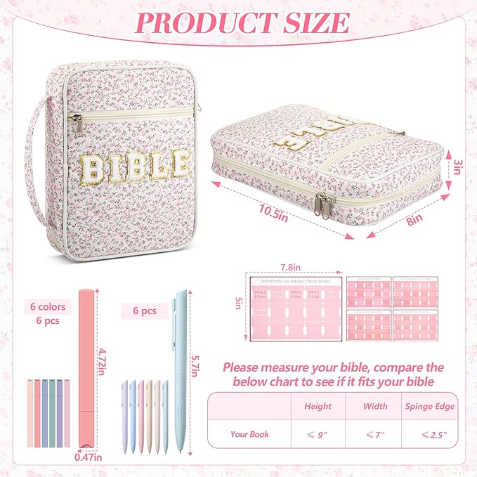 Sinload Quilted Bible Cover Case for Women Large Carrying Bag with Organizer Tabs 6 Colored Pens 6 Highlighters Book Tote Bags with Handle Bible Carry Supplies Christian Gifts(Pink Ditsy Floral)