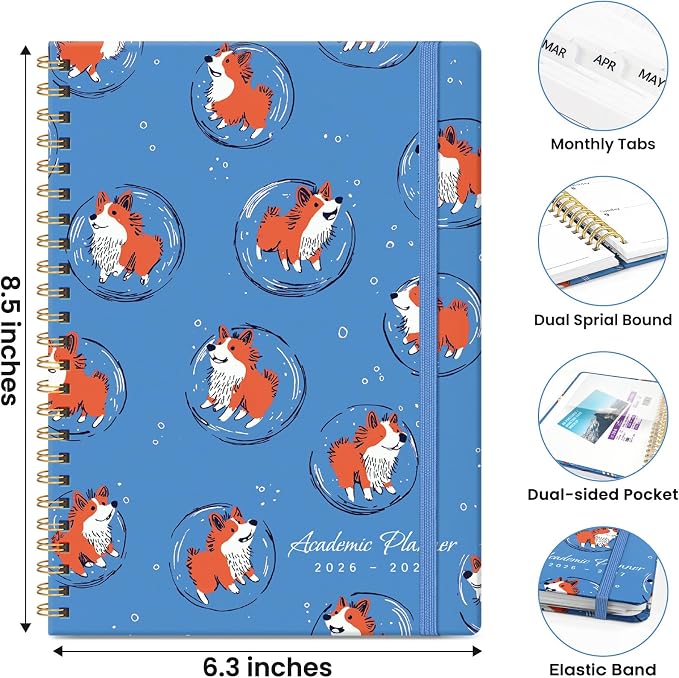 Planner 2026-2027, Monthly and Weekly Calendar Academic Planner July 2026 - June 2027, Hardcover Student Teacher Planning Agenda Book with Tabs, Perfect for Office School Supplies, A5 (6.3" x 8.5") - Cosmic Pups