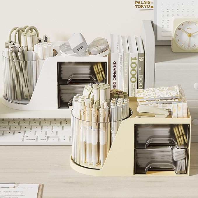 Desk Organizer with 2 Drawer,360 Degree Rotating Pen Holder for Desk,6 Slots Makeup Brush Holder for Office,School,Home,Art Supplies (Cream)