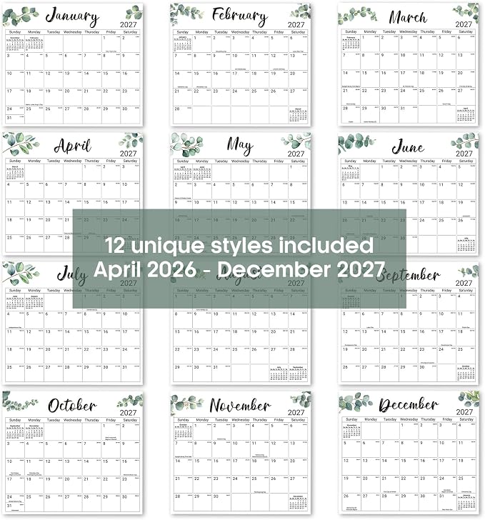 Aesthetic 2026-2027 Magnetic Calendar for Refrigerator, 21-Month Fridge Calendar Magnet from April 2026 to December 2027, Greenery Design for Easy Organizing