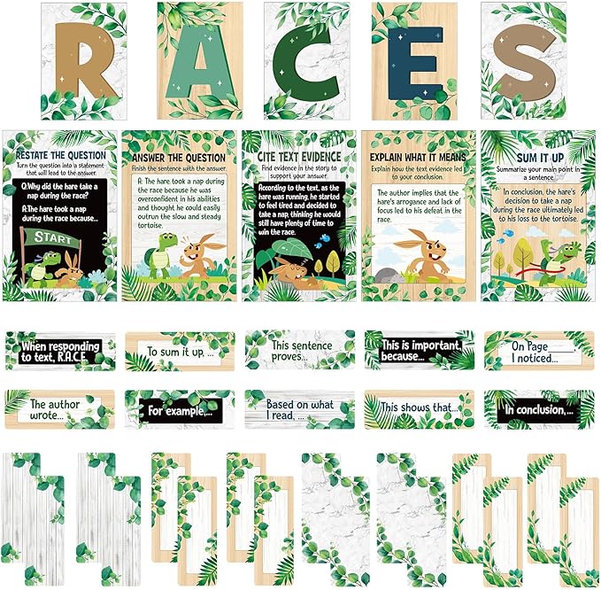 Outus 36 Pcs RACES Writing Strategy Bulletin Board Set, Alphabet Cutout Poster Sentence Starters Cards for Elementary School Classroom, Writing Display Wall Decoration Teacher Supply(Greenery)