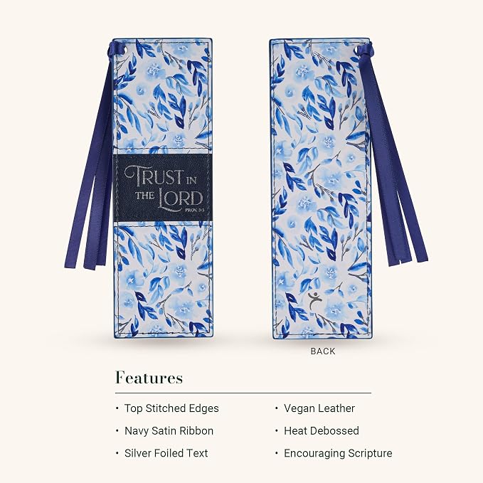 Christian Art Gifts Premium Vegan Leather Inspirational Scripture Bookmark for Women: Trust in the Lord Encouraging Bible Verse, Cute Satin Ribbon for Reading Books & Bibles, White/Blue/Silver Floral