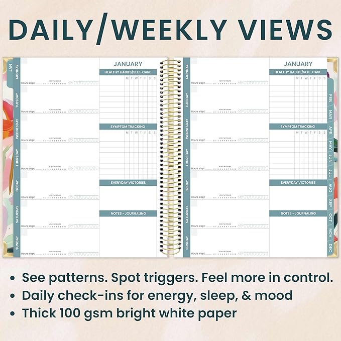 bloom daily planners Undated Chronic Illness Planner & Medical Journal - 12 Month Pain & Symptom Tracker, Mood & Medication Log, Appointment Organizer (7” x 9”) - Brushstroke Blooms