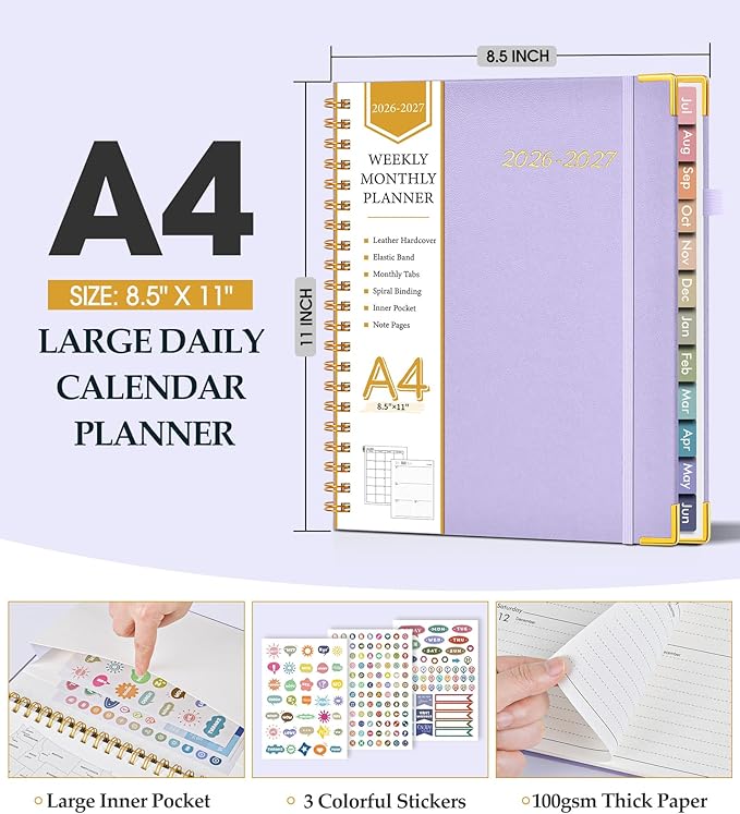 Academic Planner 2026-2027, Hardcover Leather Weekly and Monthly Calendar Planner from July 2026 - June 2027, A4 8.5" x 11" Daily Agenda with Tabs, College School Organizer for Student Teacher, Purple