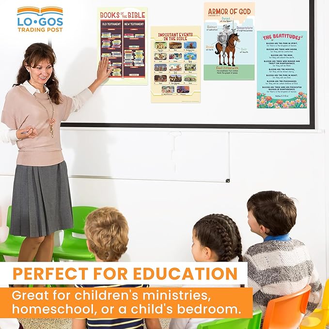 Bible Posters For Kids - 10 Pack, 11"x17" Assorted Laminated Sunday School Posters For Christian Classroom Decor, Sunday School Decorations For Classroom & Church Nursery Decor