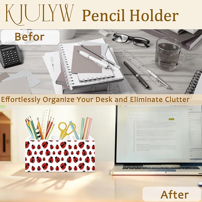 Red Ladybug Pen Holder for Desk, Ladybug Lover Gifts, Cute Lady Bug Decor Wooden Box Pencil Pen Holder Organizer for Home Office Desk Accessories