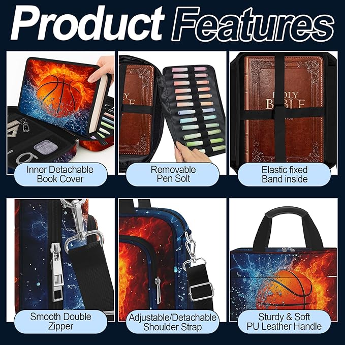 Basketball Bible Cover Case for Boys Kids, Ice Fire Ball Mens Large Bible Bag Book Carrying Case Handle Zipper Pocket, Bible Study Supplies Journaling Kit, Highlighters Tabs Pens Cross Clips