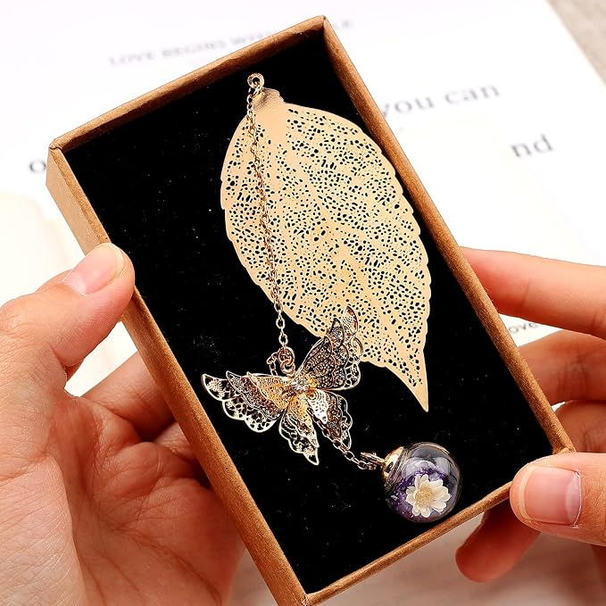 Teacher Appreciation Gifts for Women - Metal Leaf Bookmark with 3D Butterfly Charm – Mother’s Day Gifts for Mom, Thank You Gifts, Book Lover Gift Under 10 Dollars, Gift Box Included