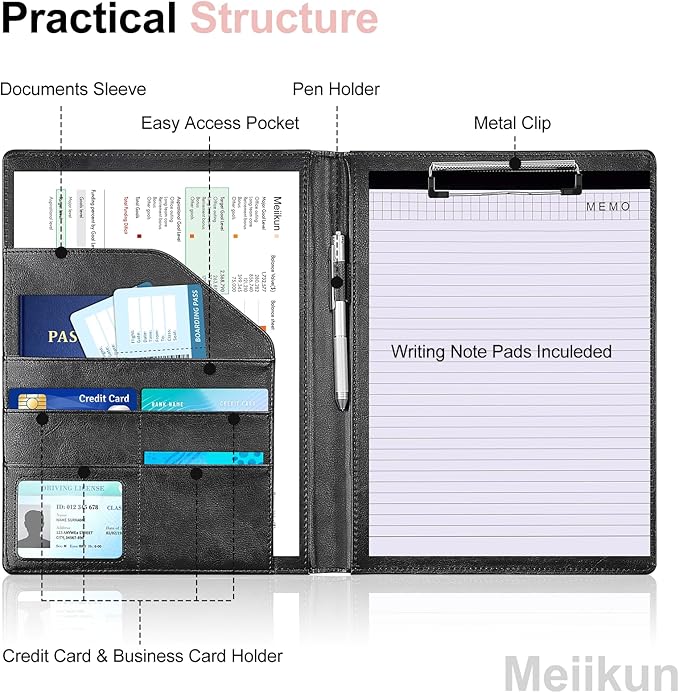 Padfolio with Clipboard, PU Leather Business Portfolio Binder, Interview Resume Folder with Card Holder, A4 Letter Document Organizer Included Writing Note Pad for School Office Conference (Black)