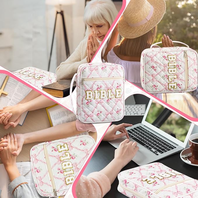 Sinload Quilted Bible Cover Case for Women Large Carrying Bag with Organizer Tabs 6 Colored Pens 6 Highlighters Book Tote Bags with Handle Bible Carry Supplies Christian Gifts(Pink Bow Floral)