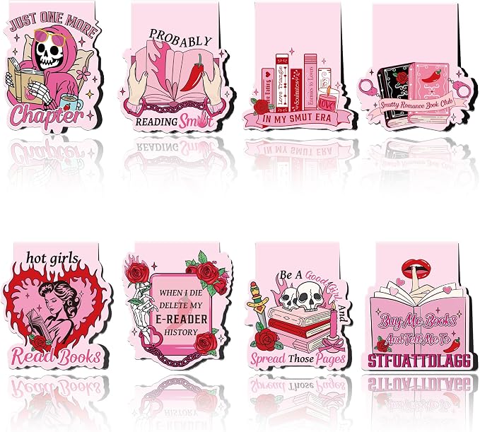 Funny Spicy Magnetic Bookmarks: 8 Pcs Smutty Romance Book Mark for Reading Women, Pink Unique Magnet Page Markers Clips, Bookish Gifts for Women Adults Book Lovers