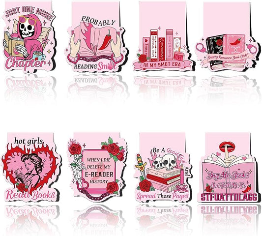 Funny Spicy Magnetic Bookmarks: 8 Pcs Smutty Romance Book Mark for Reading Women, Pink Unique Magnet Page Markers Clips, Bookish Gifts for Women Adults Book Lovers