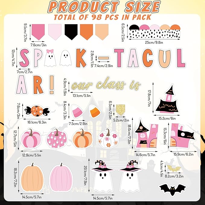 JarThenaAMCS 98 Pcs Halloween Ghost Bulletin Board Decorations Halloween Classroom Decoration Pink Cute Boo Pumpkin Bat Castle Cutouts with 150 Pcs Glue Points for School Library Wall Door Decor