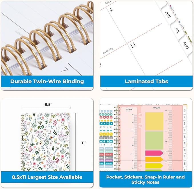 Blue Sky 15 Month 2026-2027 Weekly and Monthly Academic Year Planner Calendar, April 2026 - June 2027, 8.5" x 11", Hard Cover, Wirebound, Laminated Tabs, Storage Pocket, Includes Snap-in Ruler w/Sticky Notes & Sticker Sheet, Londonberry White