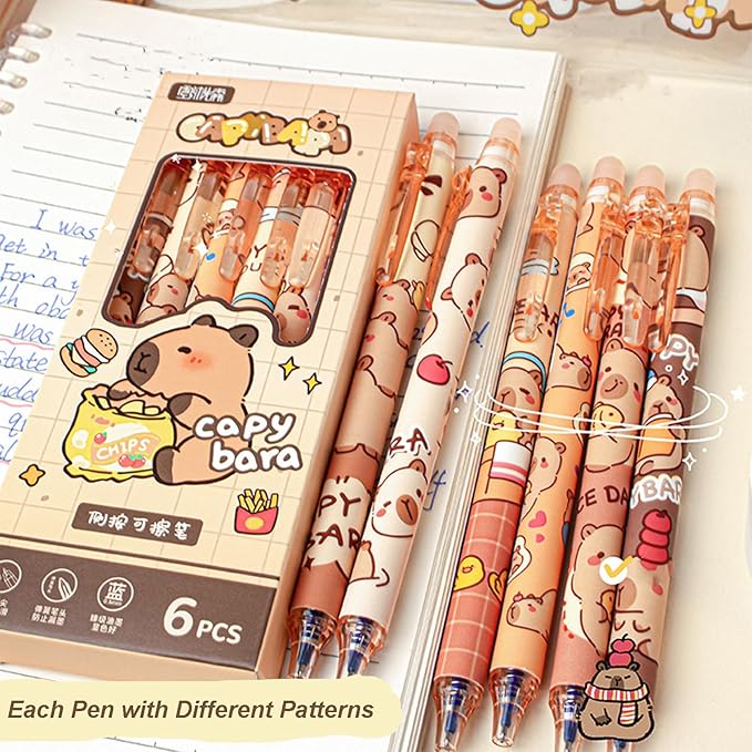 6 Pcs Capybara Erasable Gel Pens Retractable Pens - Erasable Gel Ink Pens Cute Cartoon Design, 0.5mm Fine Point Blue Ink, Perfect for Office, School