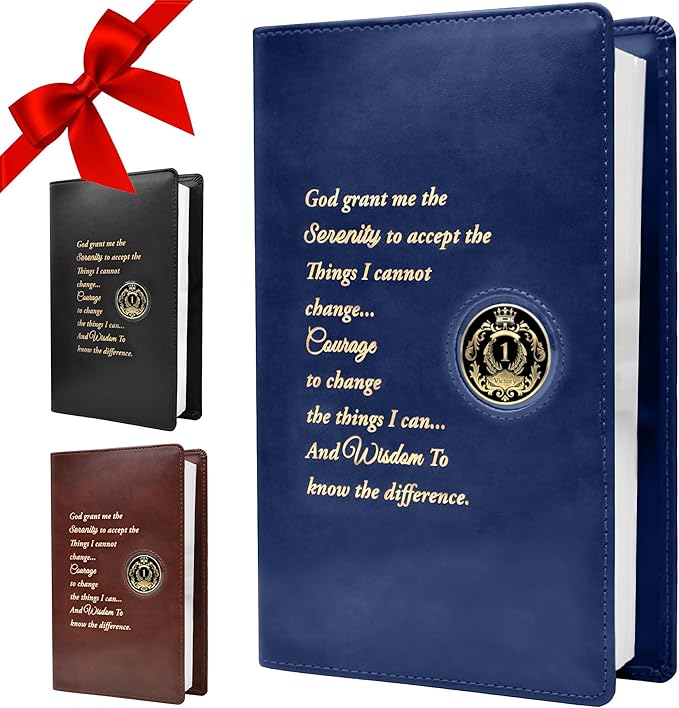 GALILEO® Single AA Big Book Cover with Coin Holder | PU Leather | AA Book Covers for Hardcover | AA Gift | Alcoholics Anonymous | Luxury Design (Single/Serenity Prayer/Navy Blue)
