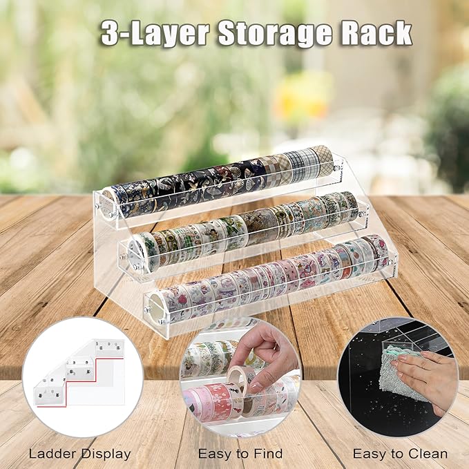 BTSKY 3 Tier Washi Tape Organizer - Clear Plastic Washi Tape Storage Rack, Assembly Washi Tape Storage Holder Washi Tape Dispenser Desk Accessories Display Caddy for Scrapbooking Art Craft Supplies