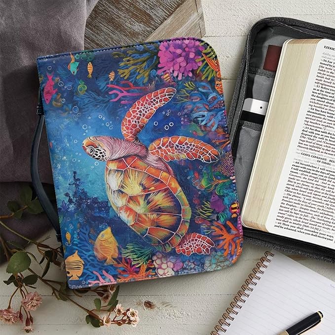 Sea Turtle Bible Cover Bible Case Girls Bible Bags Flower Print Bible Cover with Handles Carrying Book Case Church Bag Bible Study Accessories size：M