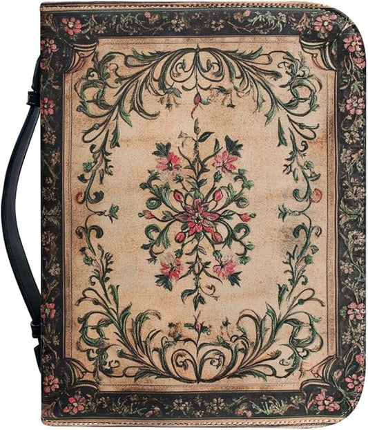 Classics Bible Case for Women Vintage Bible Cover Bags Floral Pattern with Handle Bible Cover Bag Bible Study Supplies Accessories Christian Gifts for Women-Size：XL
