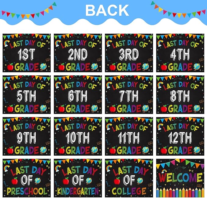 WaaHome First and Last Day of School Chalkboard Sign - 8''x10'' Back to School Sign First Day of Preschool Kindergarten 1st Grade to College 15 Grades Photo Prop Signs for Kids Girls Boys, Reusable