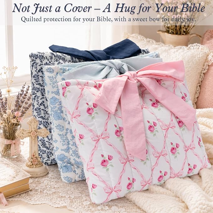 XKDOUS Quilted Cotton Bible Case for Girls and Women, Machine Washable Bible Book Cover with Large Capacity Pen Bag, Soft Cute Bible Carrying Bag with Bow Fits Most Standard Bibles, Songbird Floral