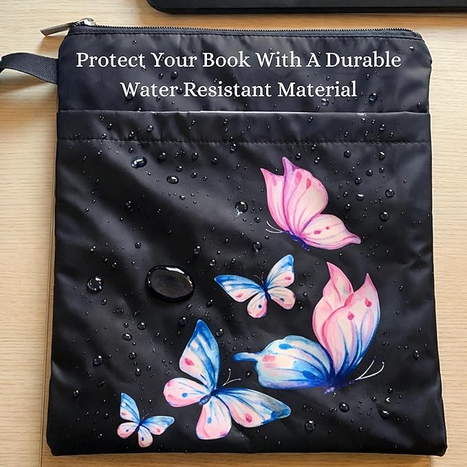 The Story Satchel Book Sleeve with Spacious Front Pocket - A Waterproof Protector Book Bag Pouch with Zipper - Perfect Book Lovers Gifts for Hardcover or Paperback (Butterfly Black)
