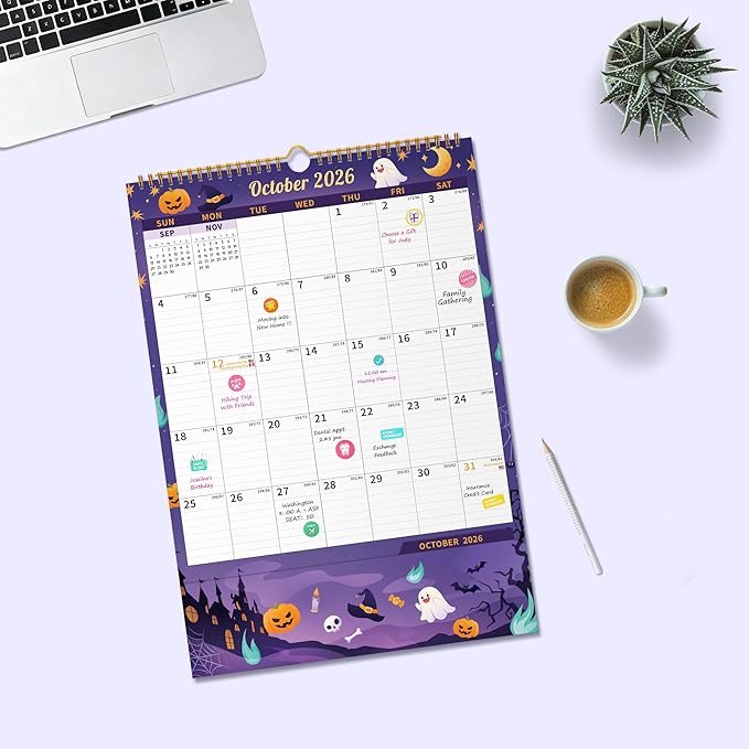 Ospelelf Wall Calendar 2026-2027 with Storage Pocket, 17" X 12" Monthly Large Planner with Protective Cover and Sticker, for Family Fridge Office Teacher Student, January 2026 to June 2027 Season