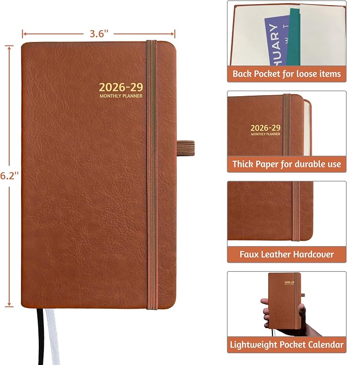 2026-2029 Pocket Monthly Planner, 3 Year Calendar 2026-2029, 6.2’’ x 3.6’’ x 0.67’’, Small Calendar 2026, 36 Months from Jul 2026 - Jun 2029, Hardcover, Back Pocket, Thick Paper, Lightweight to carry