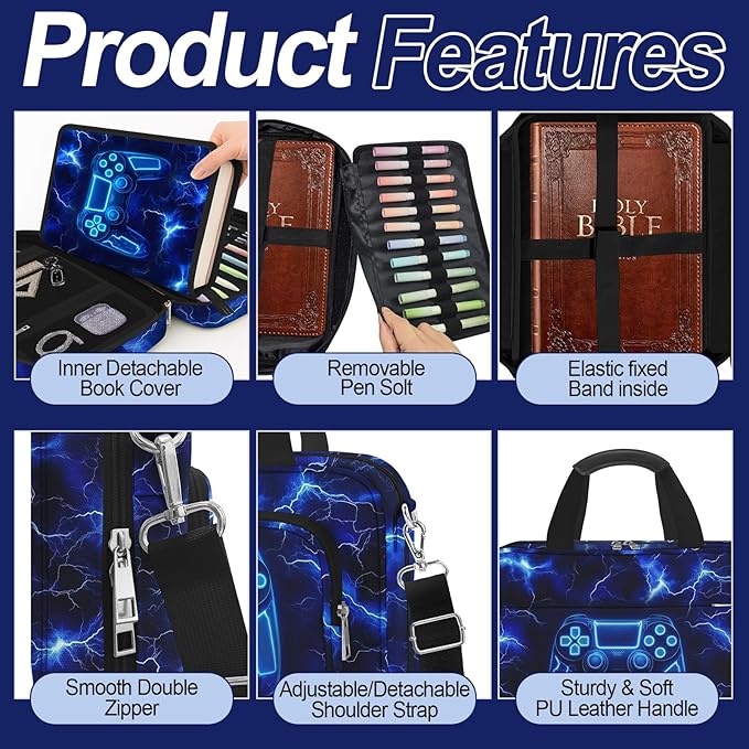 Kids Bible Cover Game Bible Case for Boys Large Carrying Book Case Church Bag Bible Protective with Handle and Zippered Pocket Study Supplies Accessories Men Christian Gifts,Lightning Game